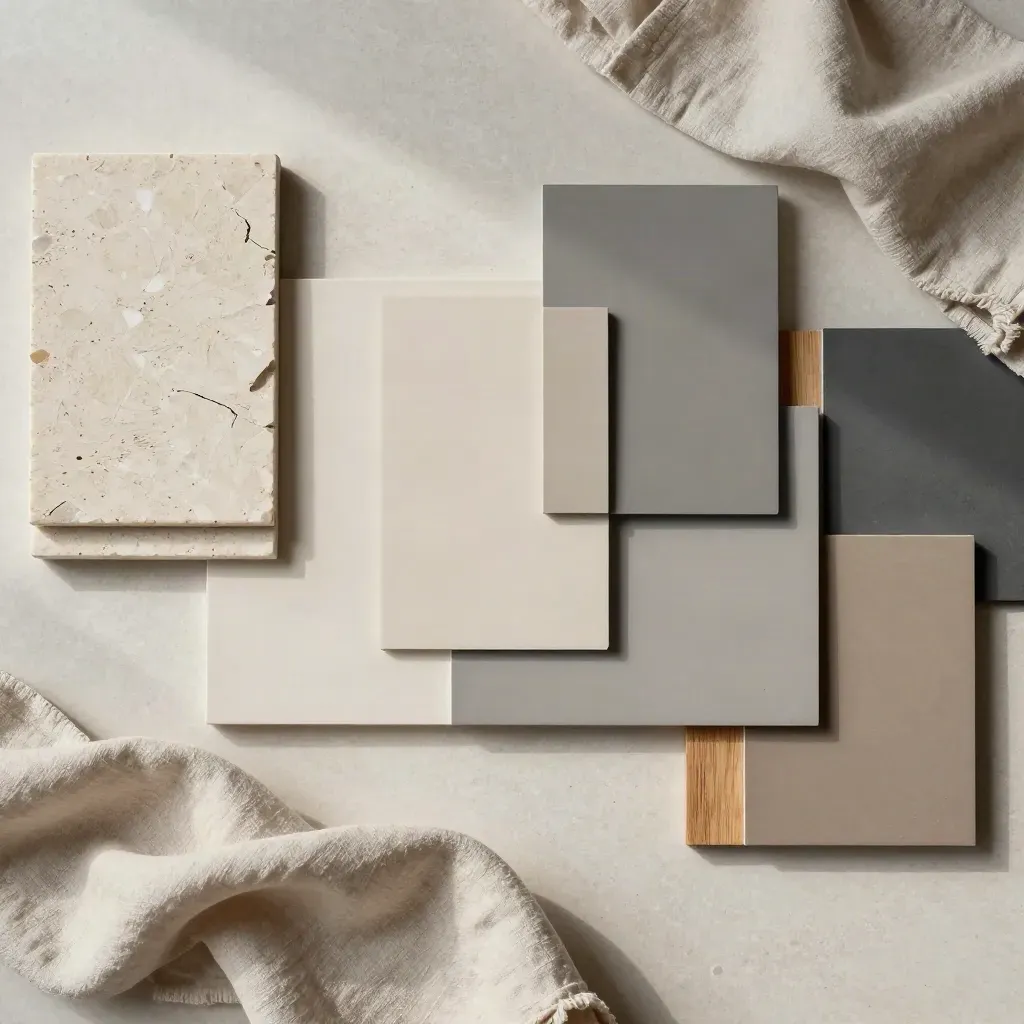 Top-down interior design palette board with stone, plaster, paint, and linen samples