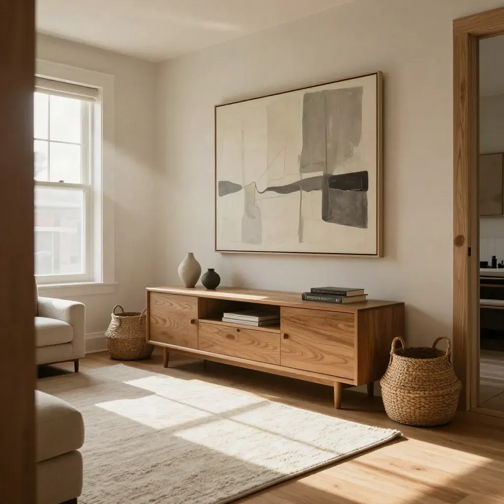 Brooklyn rental living room with oak credenza, linen sofa, abstract art and pale rug in warm window light