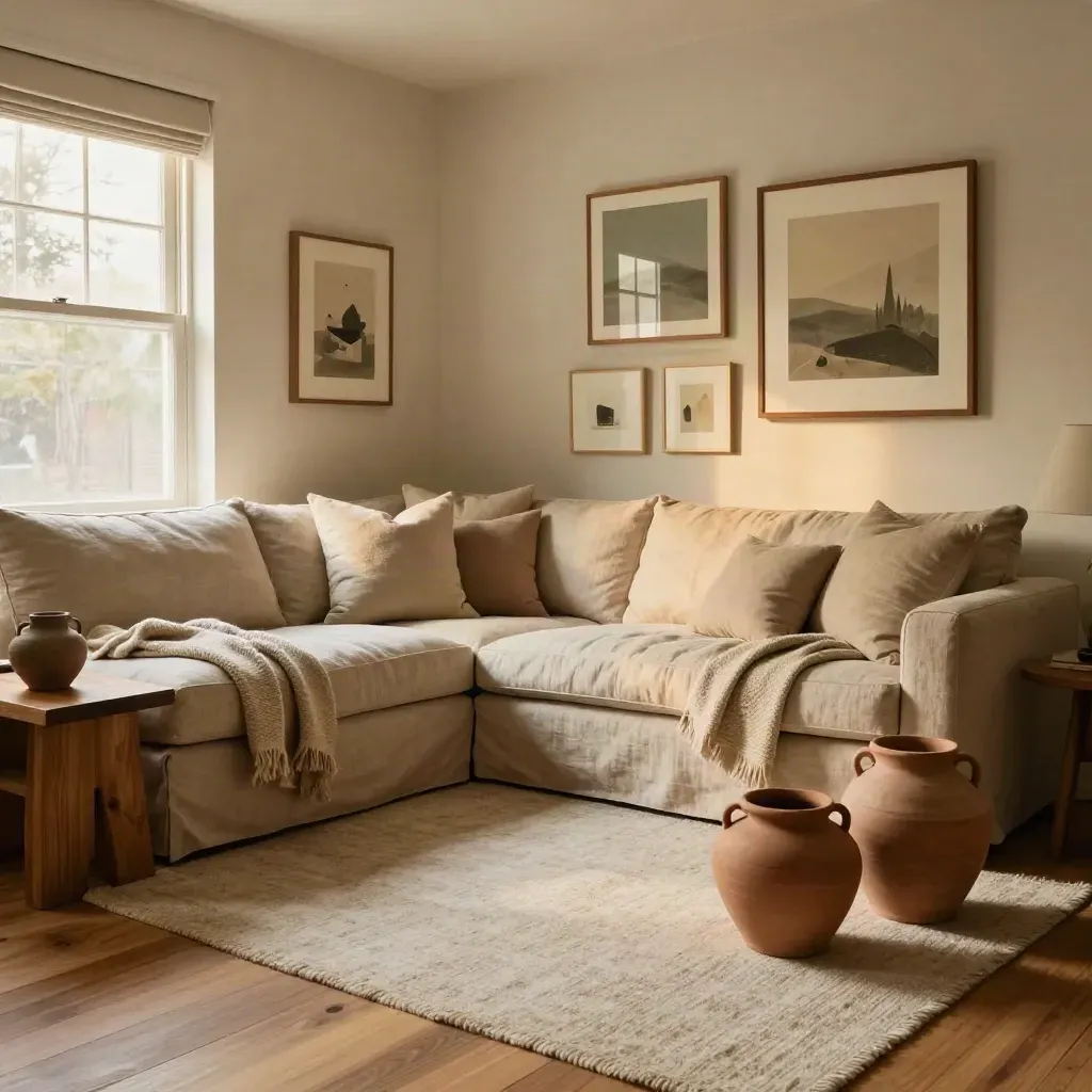 Refreshed family room with sectional, oak tables, layered art, woven throws, and clay pottery.