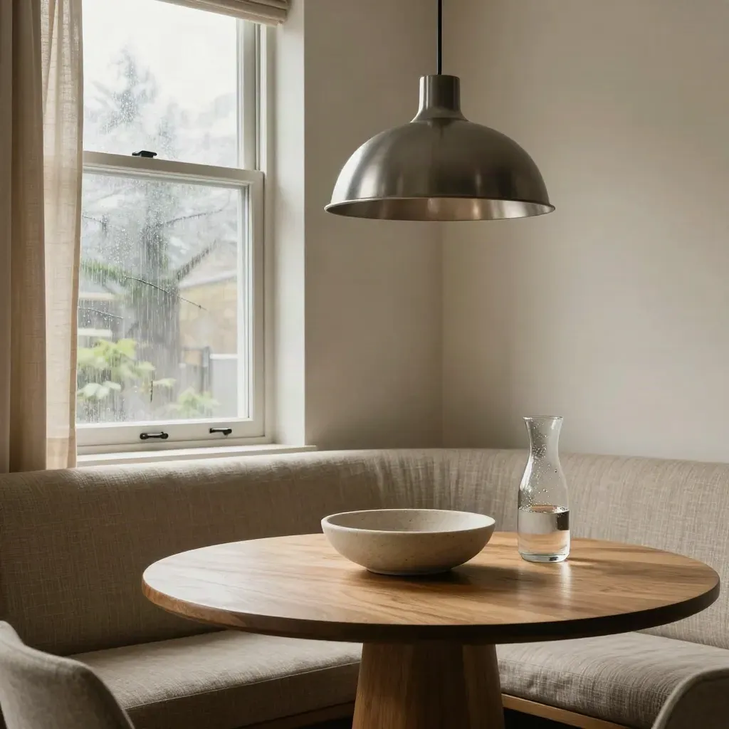 Seattle kitchen nook with round table, banquette, pendant, and rainy daylight