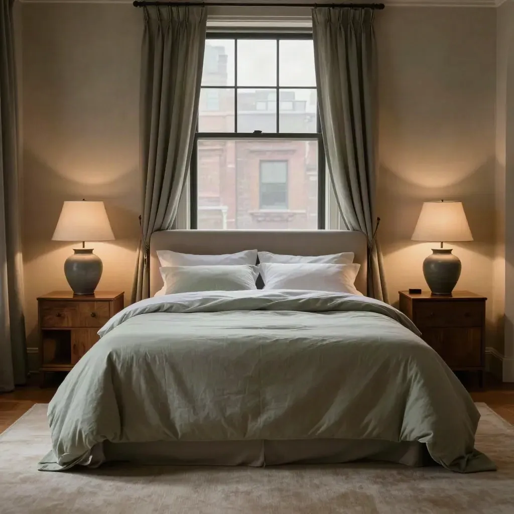 Moody Jersey City bedroom with sage bedding, oak side tables, and a glowing lamp at dusk.