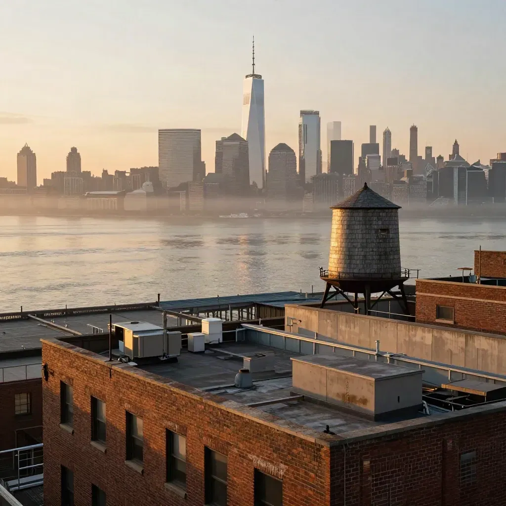 Golden hour Hoboken and Jersey City rooftops with Manhattan skyline over misty waterfront