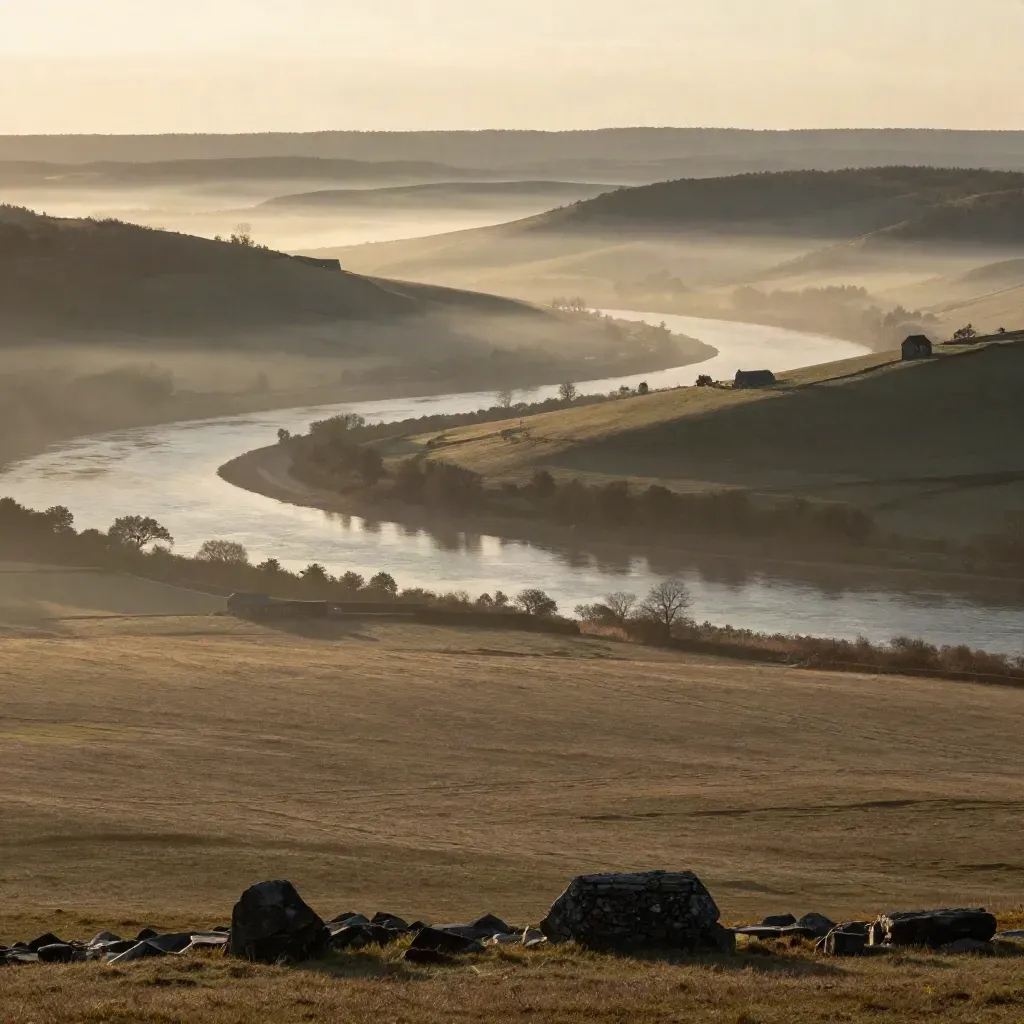 Sunrise over the Hudson Valley with misty river bends and distant farmhouses.